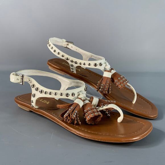 PRADA Size 6.5 Brown White Leather Studded Thong Sandals - Picture 1 of 8